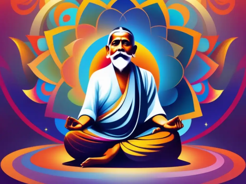 Conexión espiritual: Sri Aurobindo en meditación Arte digital de Sri Aurobindo en profunda meditación, rodeado de colores vibrantes que evocan energía espiritual y transformación