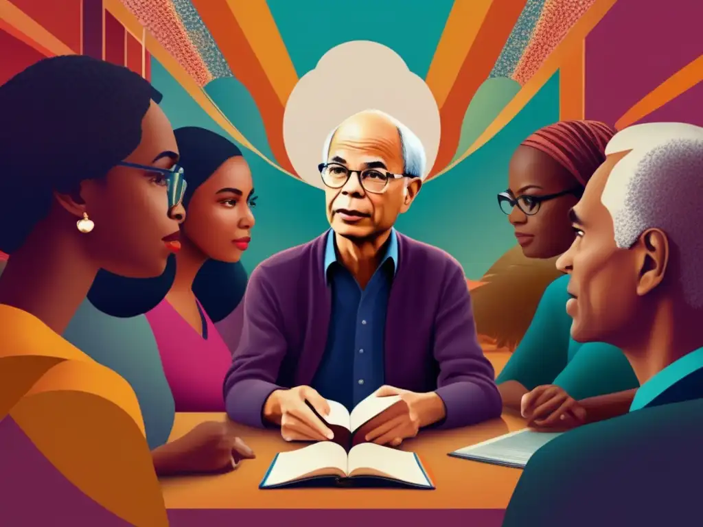 Un arte digital de alta resolución muestra a Peter Singer en una discusión reflexiva con un grupo diverso, capturando la esencia de la ética práctica de Peter Singer en una imagen moderna y vibrante