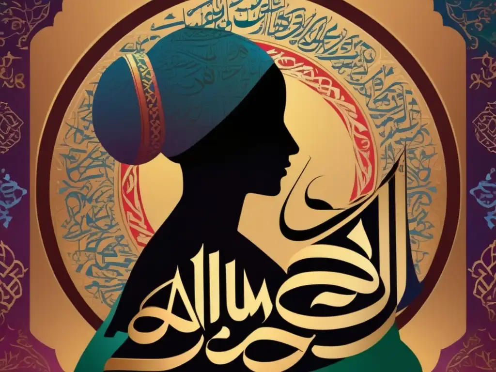 Un arte digital de AlMutanabbi, poeta árabe, rodeado de caligrafía y colores vibrantes que simbolizan la poesía árabe clásica