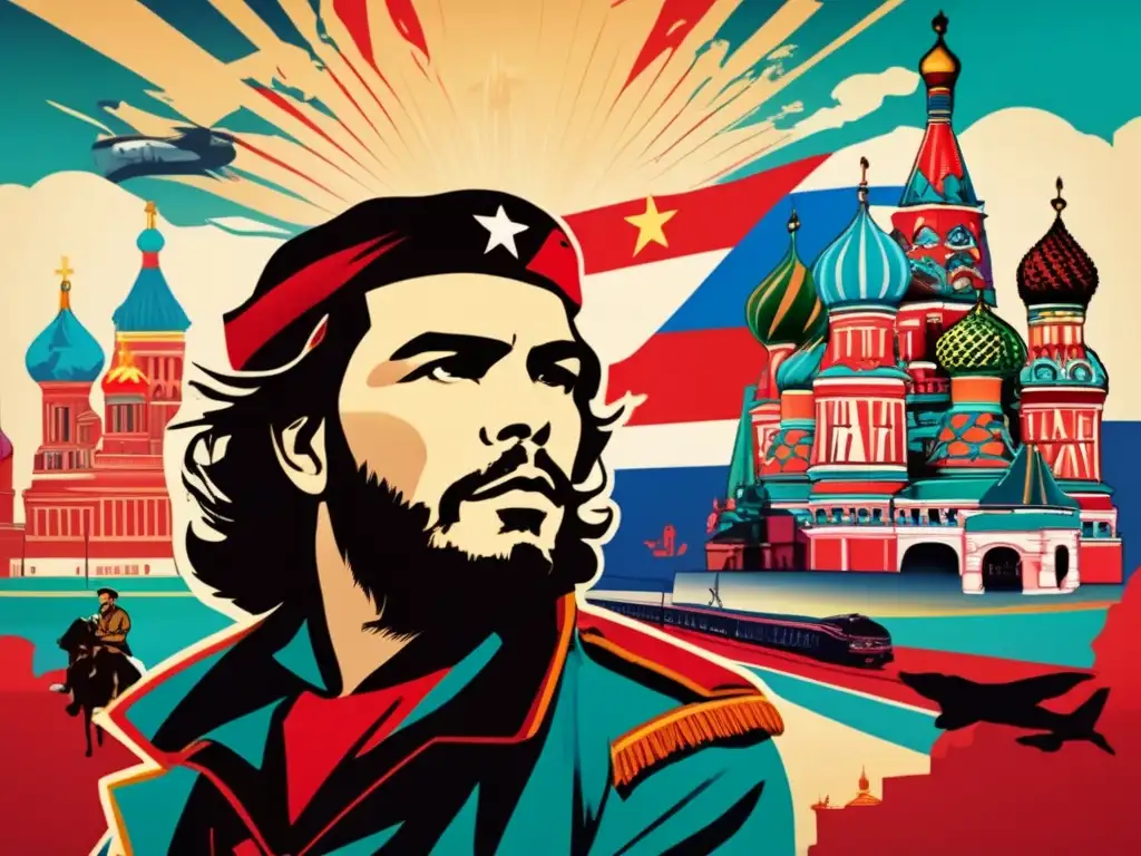 Un arte moderno de alta resolución que representa el viaje de Che Guevara por Rusia, con colores vibrantes y una composición dinámica
