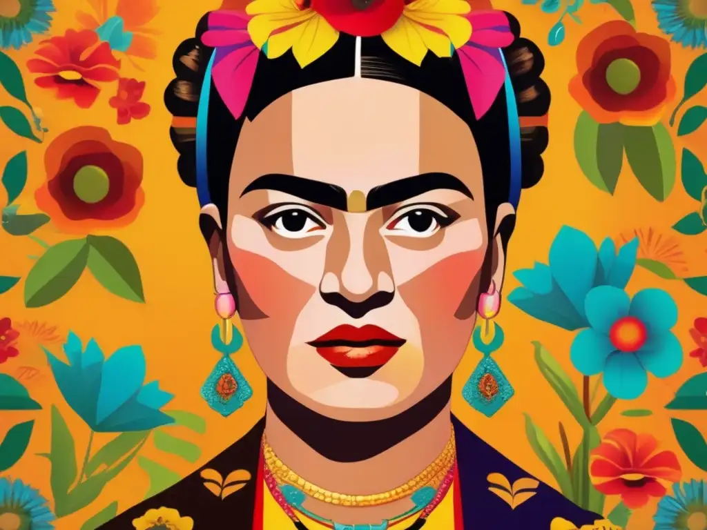 Frida Kahlo, artista inquebrantable, rodeada de elementos vibrantes de la cultura mexicana, su mirada intensa refleja su espíritu poderoso