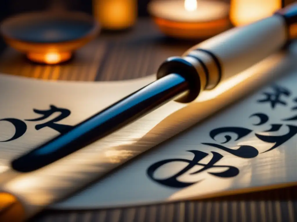 Maestría en tinta: Arte ancestral de la caligrafía japonesa Un artista japonés viste un kimono tradicional y crea caligrafía con un pincel sobre papel de arroz, iluminado por una lámpara cercana