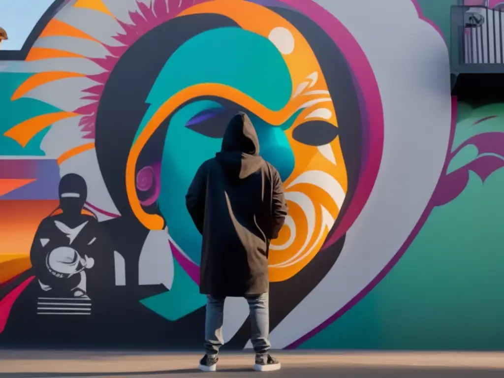 Un artista misterioso desafía sistemas urbanos con un mural vibrante, mientras espectadores observan a lo lejos