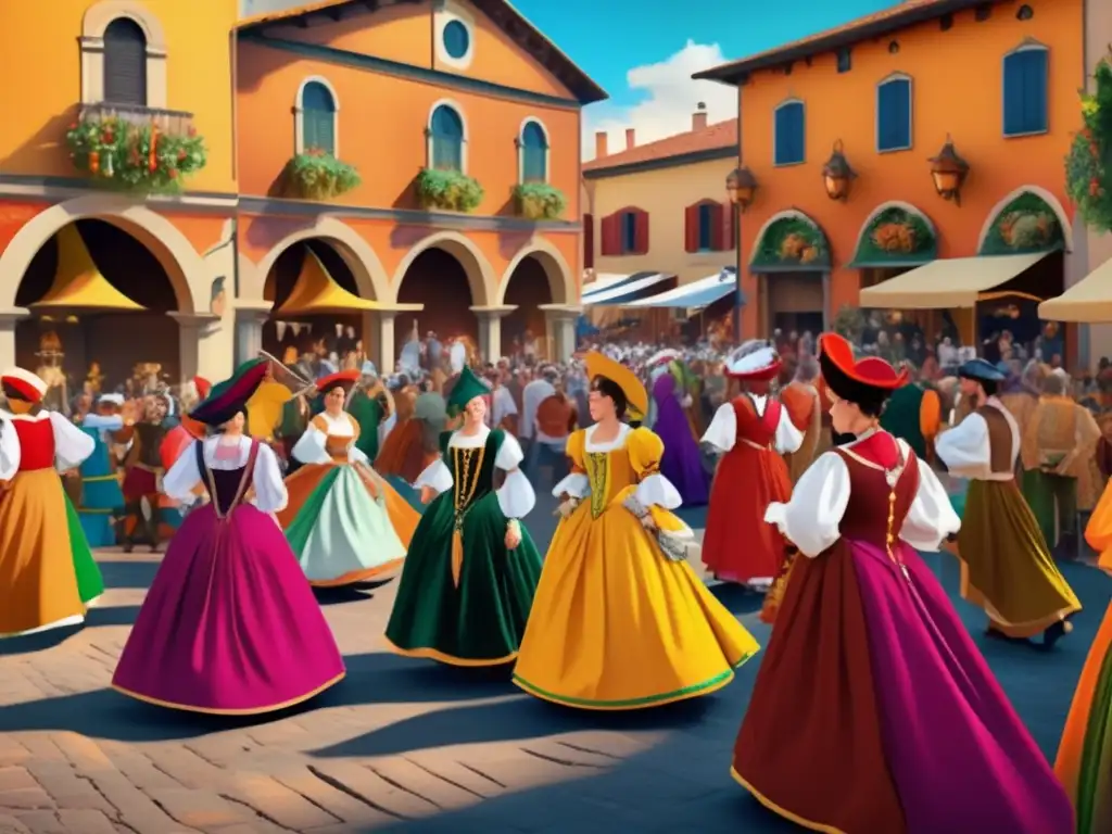 Una representación artística digital vibrante y moderna de un bullicioso festival renacentista italiano, con detallados trajes de época, danzas animadas y música, ambientada en una pintoresca plaza de pueblo italiano