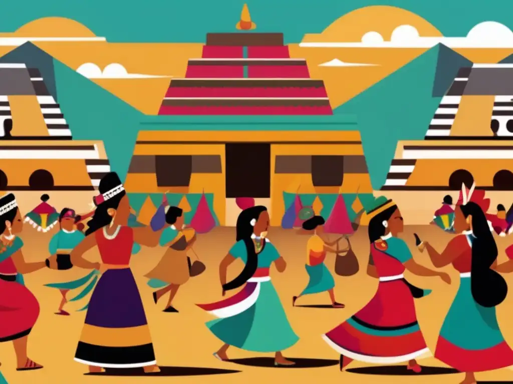 Una representación artística moderna de una celebración mesoamericana con colores vibrantes, danzas ceremoniales y un bullicioso mercado