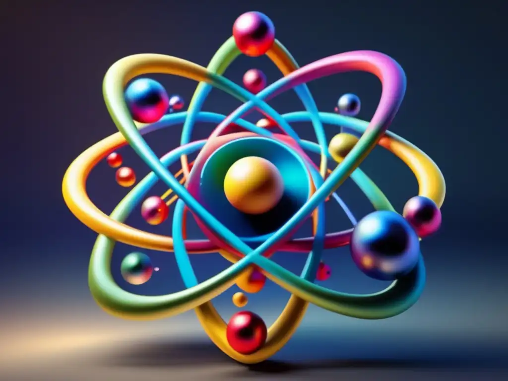 Una representación artística ultradetallada y moderna del modelo atómico de Neils Bohr, con órbitas coloridas y efectos cuánticos sutiles