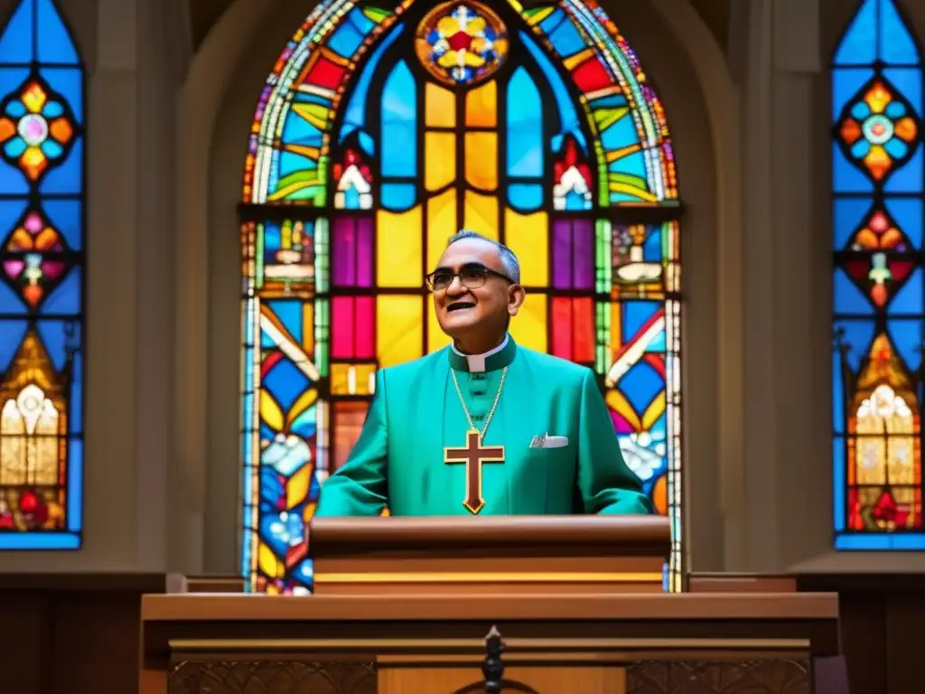 El Arzobispo Oscar Romero defiende los derechos humanos con pasión en una catedral llena de luz y solemnidad
