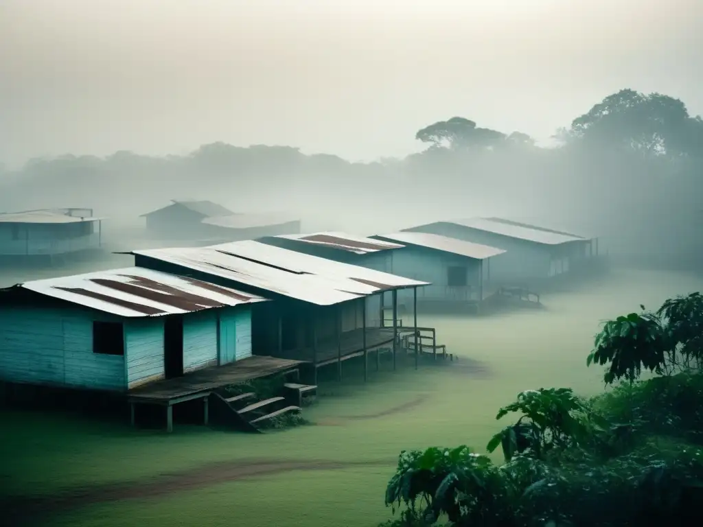 Un asentamiento desolado en Jonestown, envuelto en niebla, con un ambiente inquietante