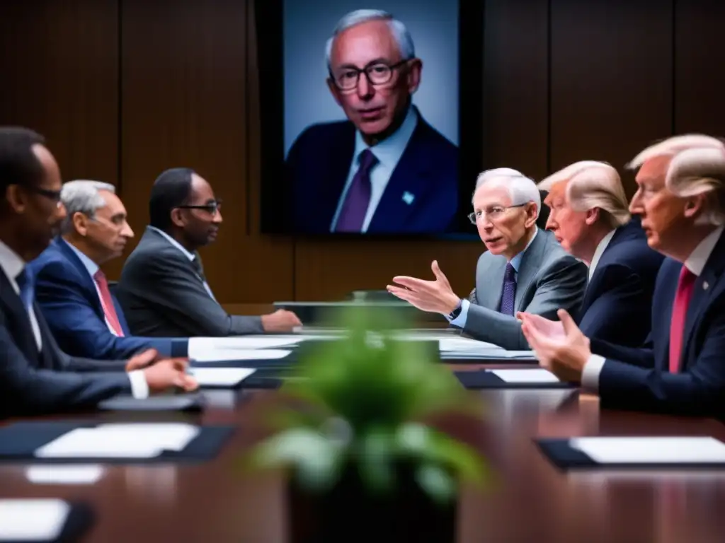 Stanley Fischer, asesor económico, lidera en una sala de reuniones, rodeado de líderes mundiales y economistas, proyectando confianza y autoridad