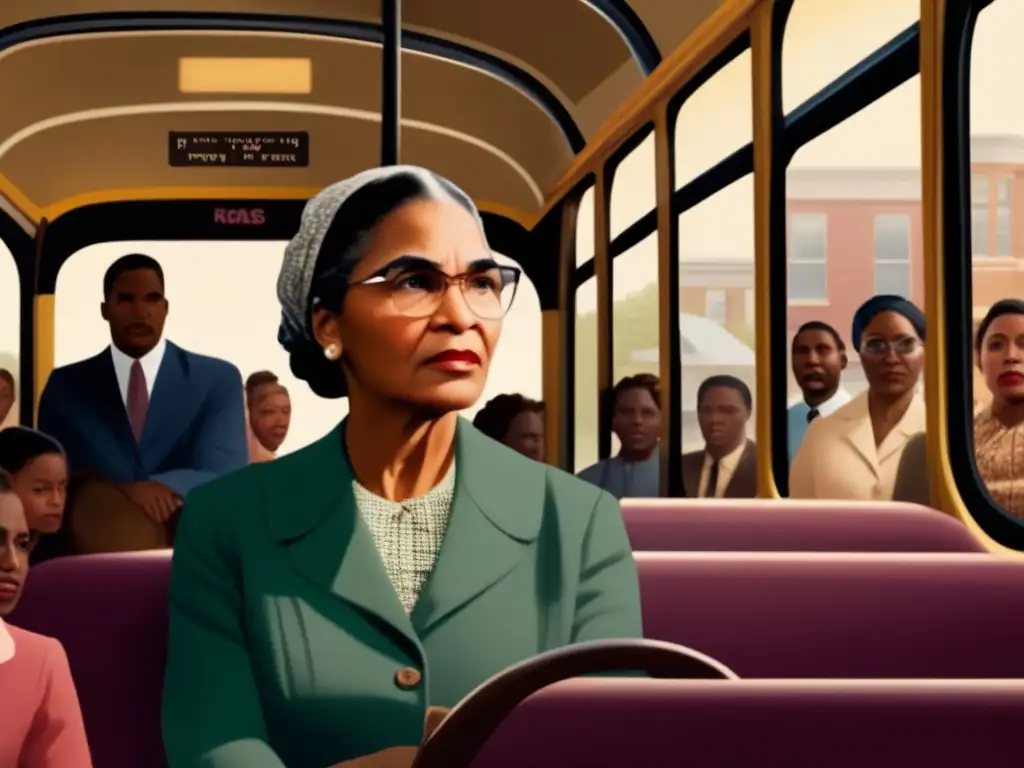 Rosa Parks se niega a ceder su asiento en el autobús, rodeada de partidarios en un momento tenso y significativo del movimiento de derechos civiles