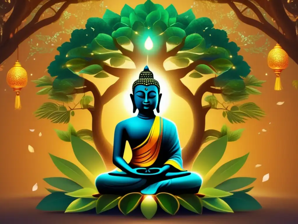 Una asombrosa representación de arte digital moderno de un joven Gautama Buda sentado en posición cruzada bajo el árbol Bodhi, rodeado de exuberante vegetación y un resplandor sereno y otro mundo