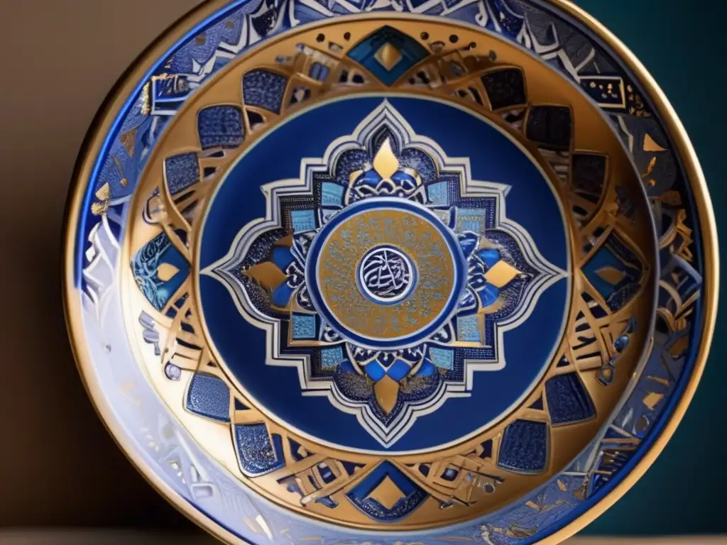 Una asombrosa cerámica islámica de Abu'l Qasim biografía, con patrones geométricos en azul y oro, y diseños caligráficos exquisitos