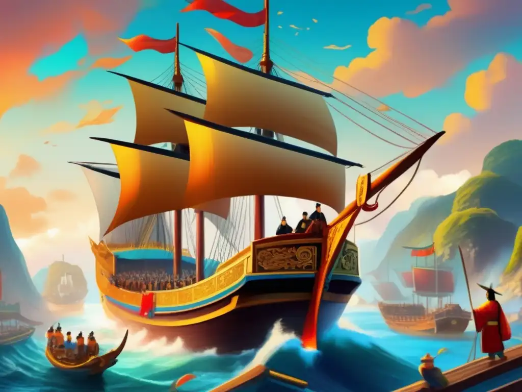 Una asombrosa pintura digital de Zheng He en la cubierta de su majestuoso barco, listo para zarpar en una emocionante aventura marítima