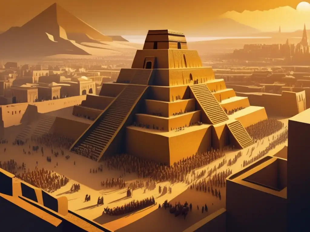 Un asombroso arte digital de la antigua ciudad de Uruk, con su imponente zigurat y bulliciosas calles