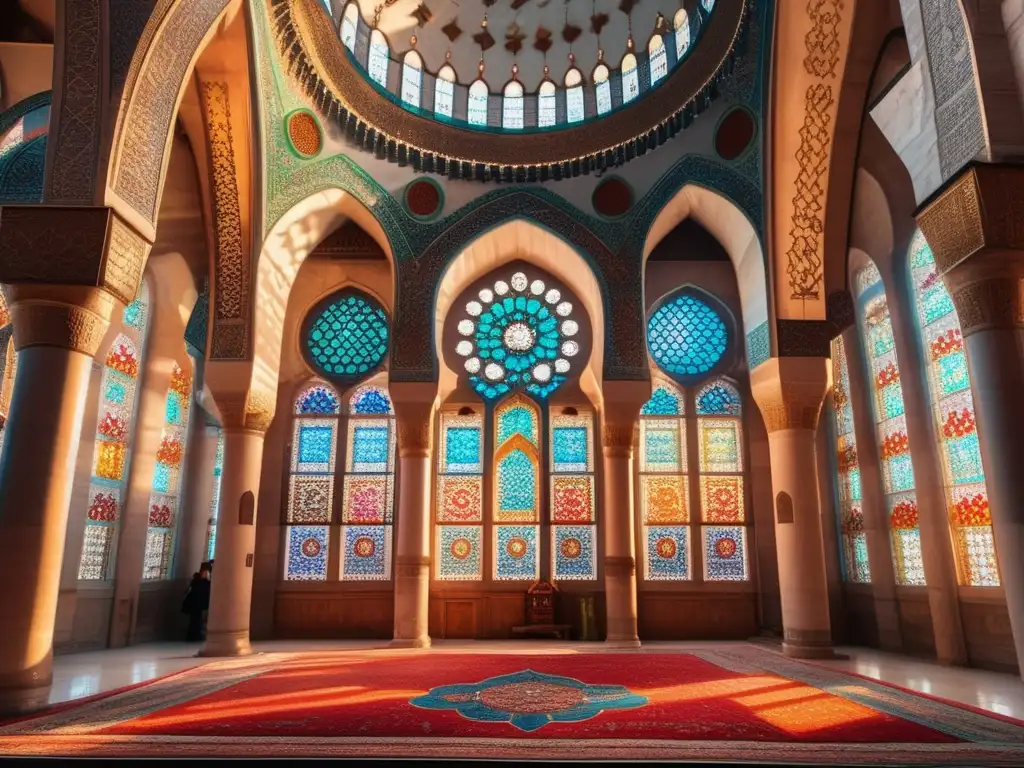 Un asombroso interior de la Mezquita de Süleymaniye, con intrincada caligrafía, vitrales coloridos y detalles arquitectónicos