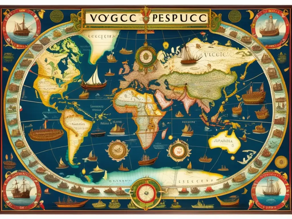 Descubre el asombroso mapa antiguo con ilustraciones detalladas de los viajes de Amerigo Vespucci, el verdadero descubridor de América