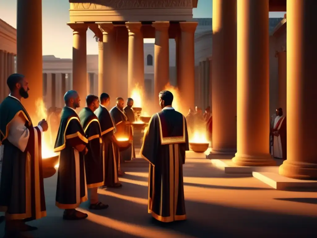 Un asombroso y moderno arte digital que representa a sacerdotes romanos realizando un ritual solemne en un templo grandioso, capturando la visión de Varro en rituales romanos con detalles impresionantes y una atmósfera de reverencia y misticismo antiguo