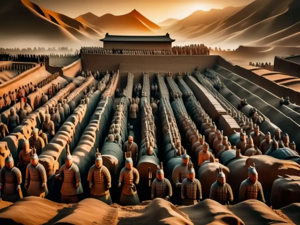 Un asombroso retrato en 8k detallado del magnífico ejército de terracota, destacando cada soldado, caballo y carro