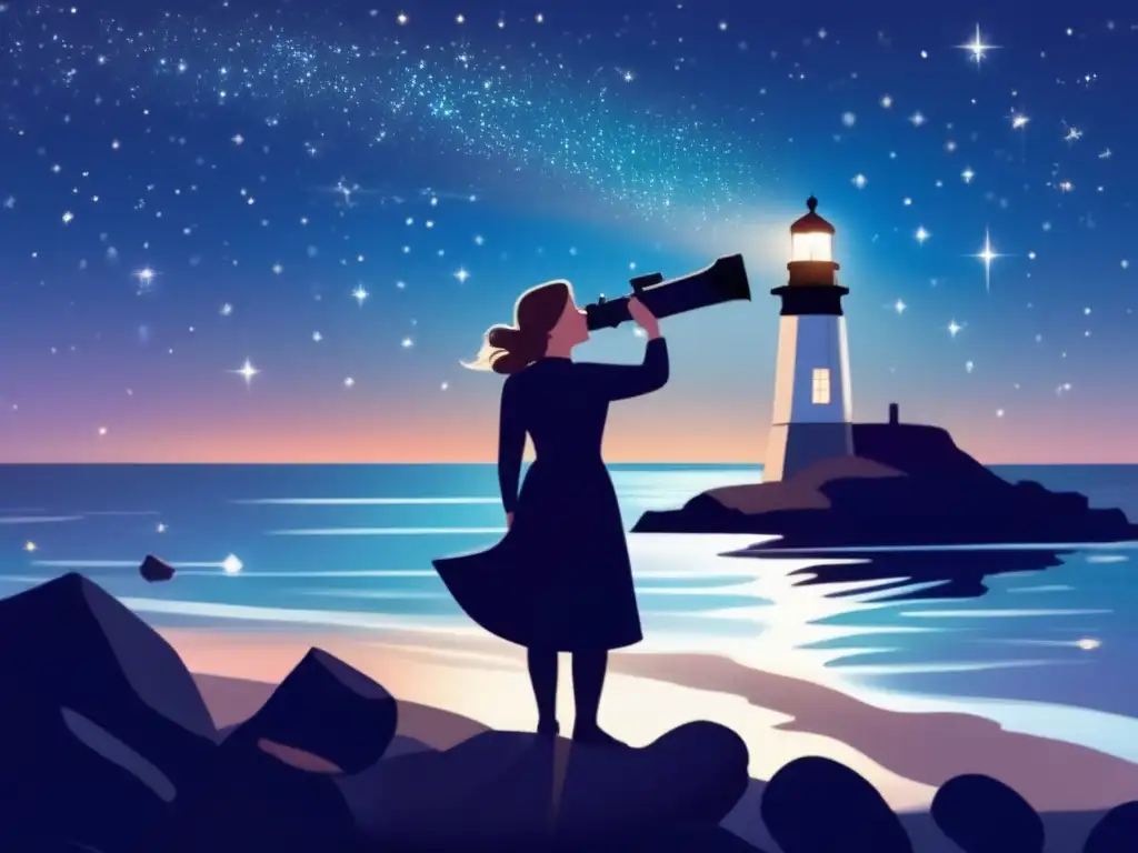 María Mitchell, pionera de la astronomía, contempla las estrellas en la noche junto al mar con su telescopio