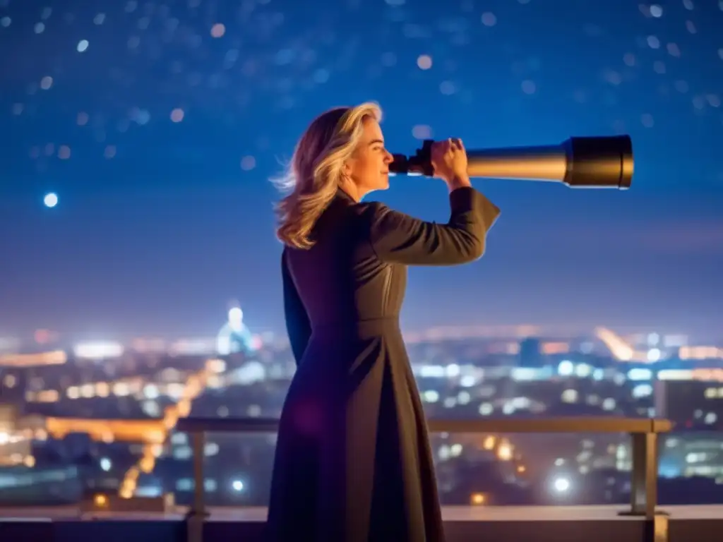 María Mitchell, pionera de la astronomía, observa las estrellas desde un observatorio, con la ciudad brillando a sus pies