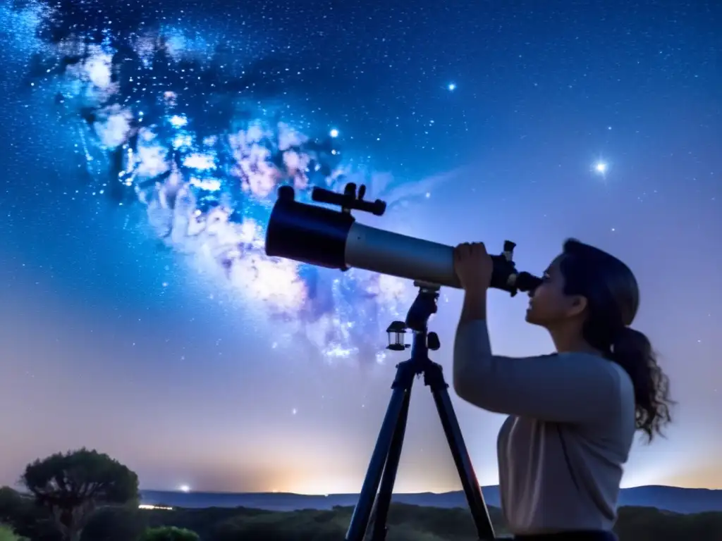 Una astronomía femenina de legado: la constelación María Mitchell brilla en el cielo nocturno mientras una astrónoma observa a través de un telescopio