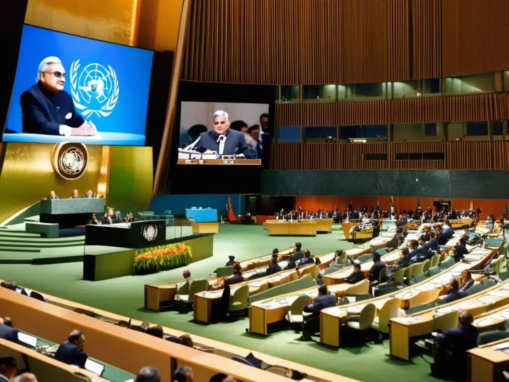 Atal Bihari Vajpayee en la Asamblea General de la ONU, promoviendo la política de paz en un escenario internacional de diálogo y cooperación