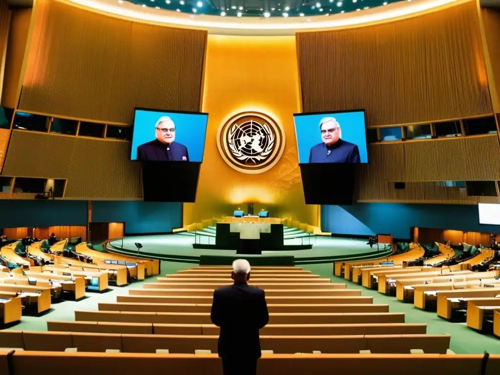 Atal Bihari Vajpayee pronuncia un poderoso discurso en la ONU, mostrando su compromiso con la política de paz, mientras líderes mundiales lo admiran