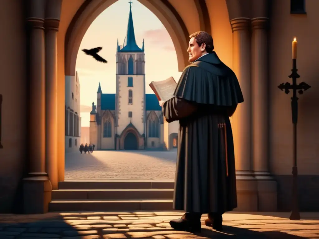 Desafiando al poder: Martín Lutero frente a la iglesia de Wittenberg Un atardecer apasionado: Martín Lutero desafiante frente a la iglesia de Wittenberg, evocando su biografía completa
