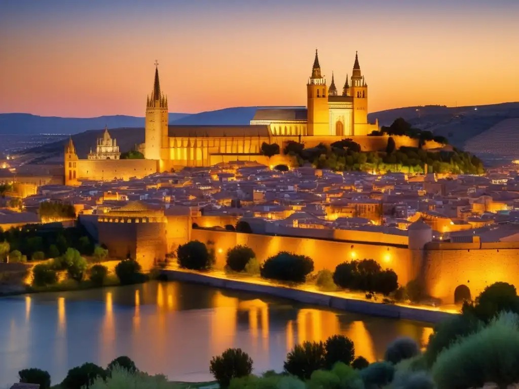 Un atardecer cálido ilumina la antigua ciudad de Toledo, capital visigoda, con su Alcázar y Catedral