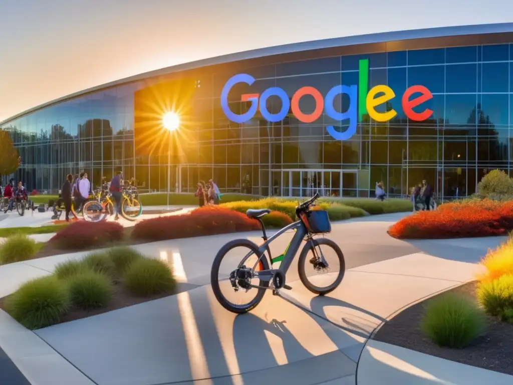 Un atardecer cálido ilumina el campus de Google, con las emblemáticas bicicletas multicolores al frente y el vibrante logo
