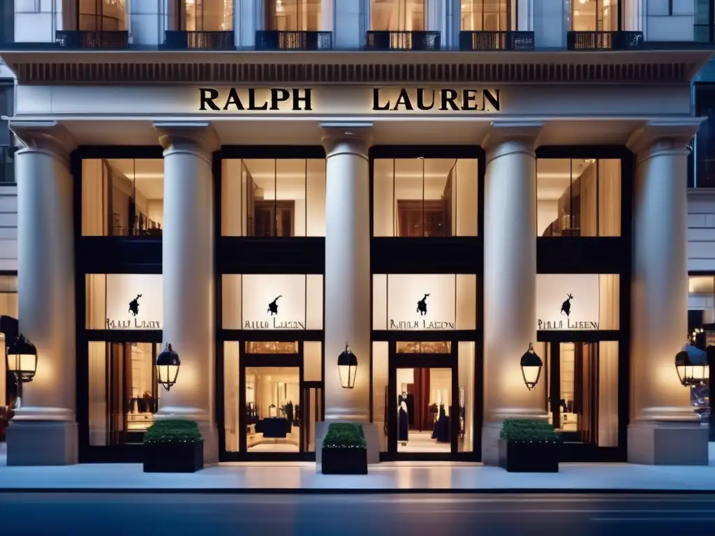 Un atardecer cálido ilumina la elegante fachada de la tienda insignia de Ralph Lauren en Madison Avenue, Nueva York