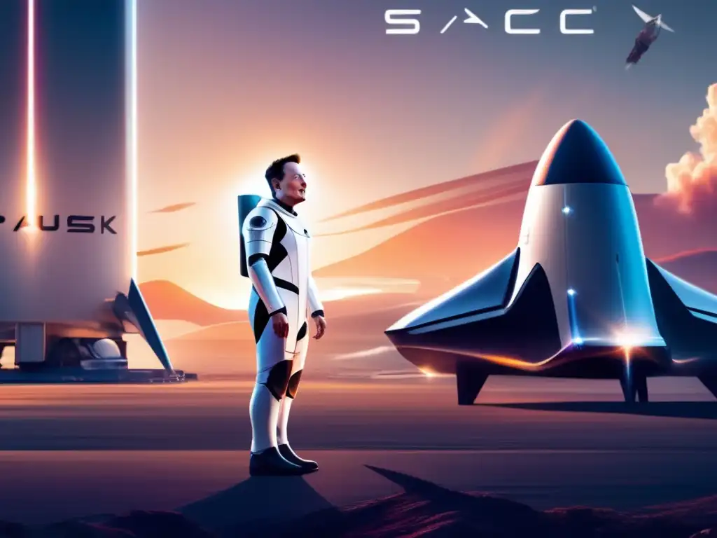 Con un atardecer cálido de fondo, Elon Musk, en su traje espacial, observa el horizonte cerca de un cohete de SpaceX