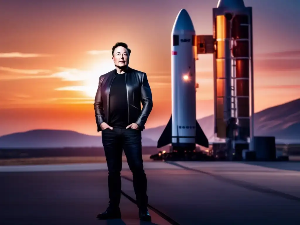 Un atardecer cálido ilumina a Elon Musk frente a un cohete de SpaceX, destacando su legado en la era de la innovación digital
