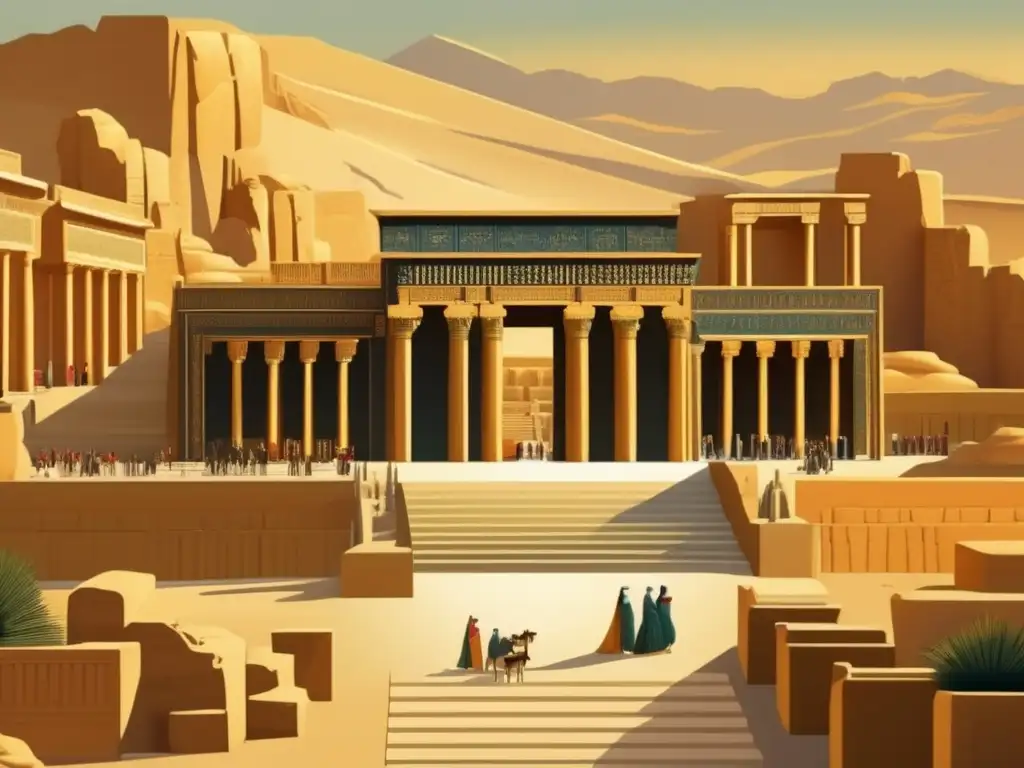 Un atardecer cálido ilumina las ruinas de Persepolis, destacando la grandeza del Imperio Persa bajo el reinado de Dario I