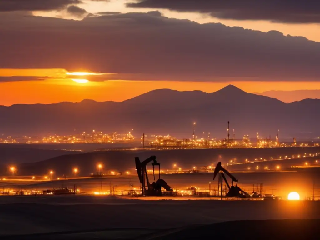 Un atardecer cálido ilumina los vastos campos petroleros de Venezuela, mostrando la influencia de Juan Vicente Gómez en la gestión del petróleo
