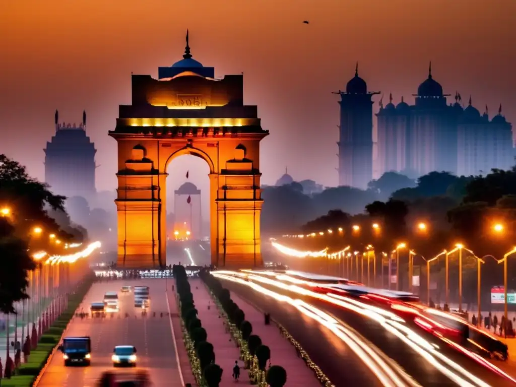 Un atardecer dinámico en Nueva Delhi, India, con el monumento icónico de la Puerta de la India iluminado