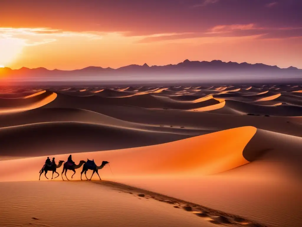 Un atardecer dorado en el desierto árabe, con sombras largas sobre las dunas de arena