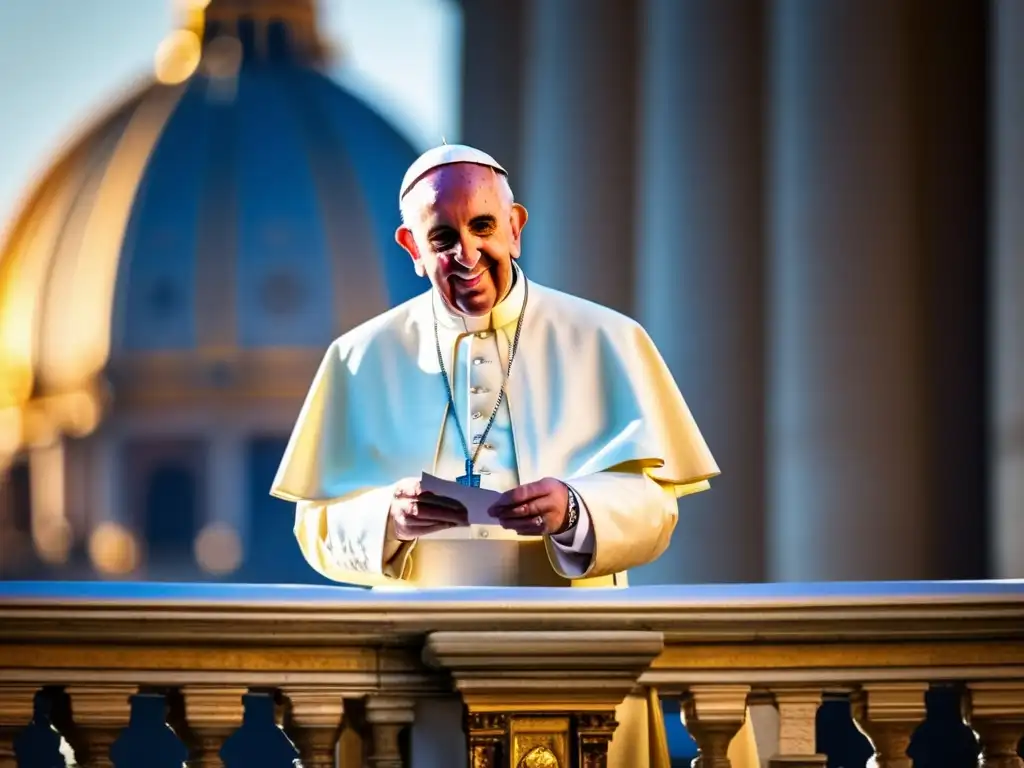 Un atardecer dorado ilumina a Papa Francisco en el balcón de la Basílica de San Pedro, irradiando renovación y esperanza en la Iglesia Católica