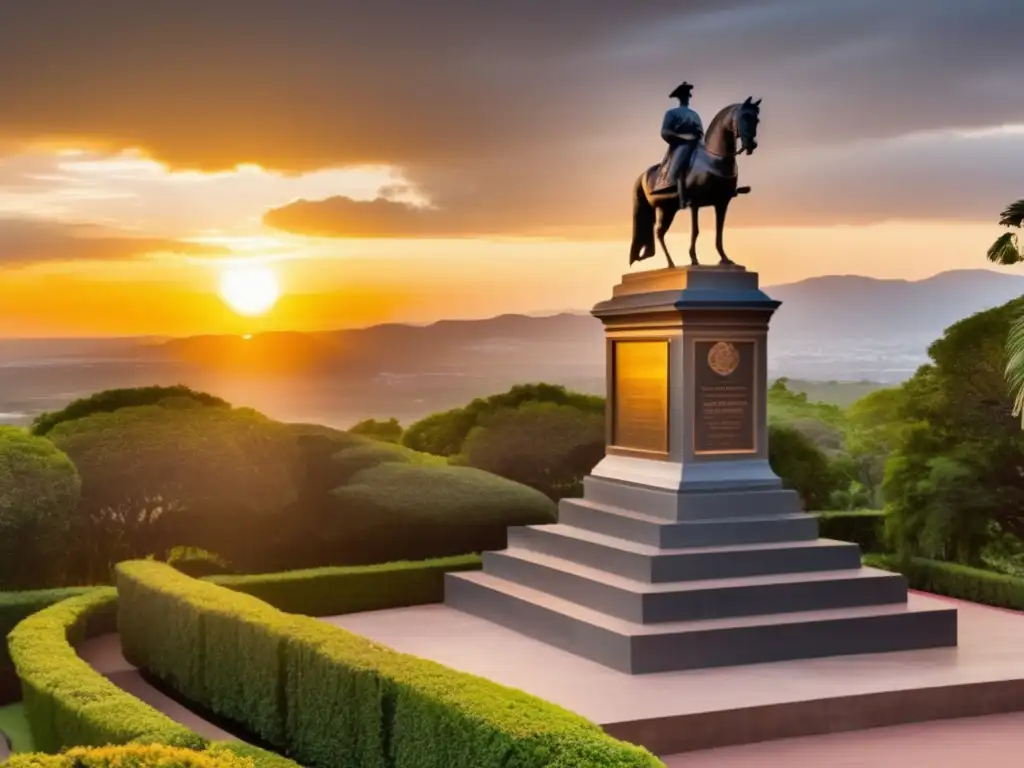 Un atardecer dorado ilumina la imponente estatua de bronce de Antonio José de Sucre, resaltando su legado en Sudamérica