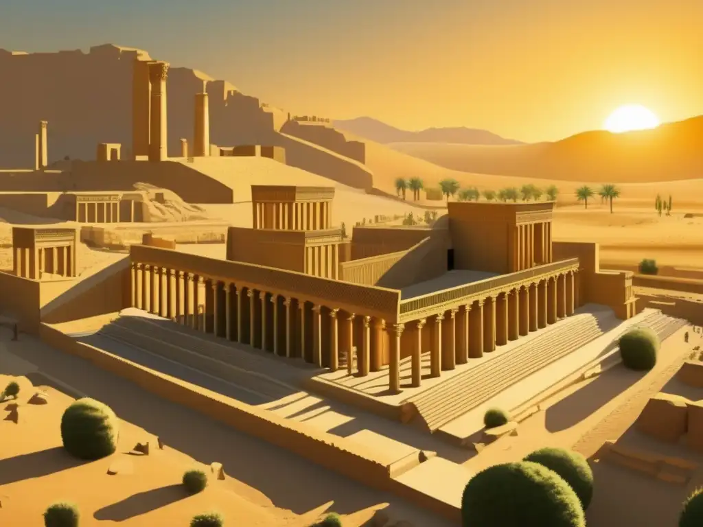 Un atardecer dorado ilumina la majestuosa ciudad antigua de Persepolis, resaltando la grandeza del complejo del palacio