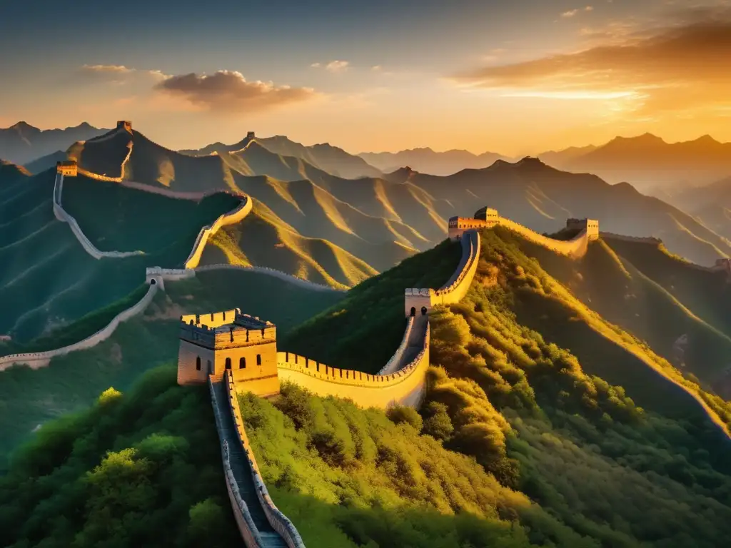 Un atardecer dorado ilumina la majestuosa Gran Muralla China, mostrando la herencia de Ban Chao, general y explorador de China