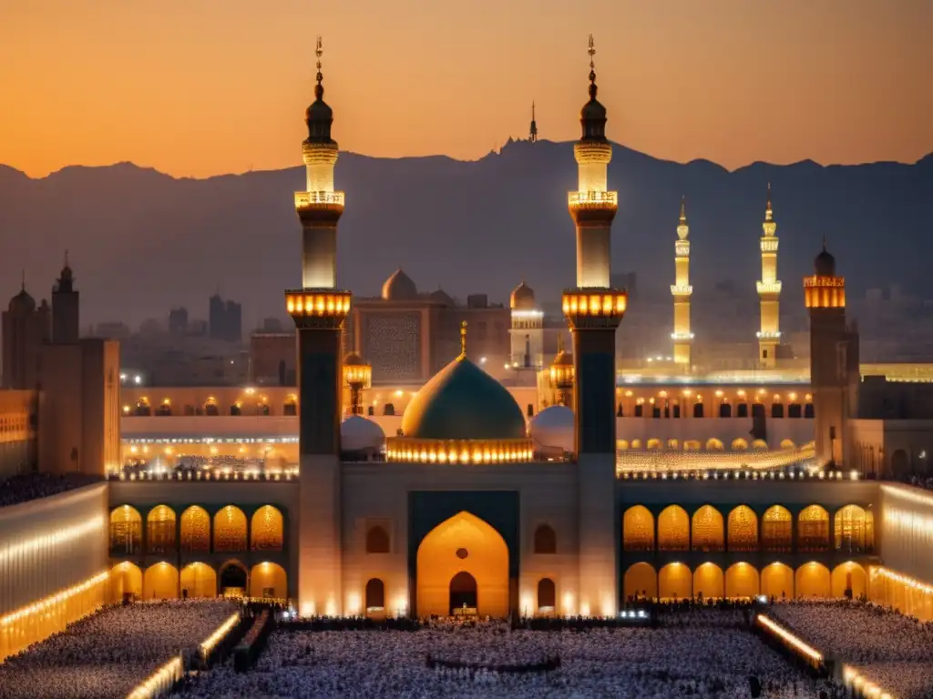 Un atardecer dorado ilumina la majestuosa Mezquita al-Haram, mostrando la influencia del wahabismo en Arabia Saudita