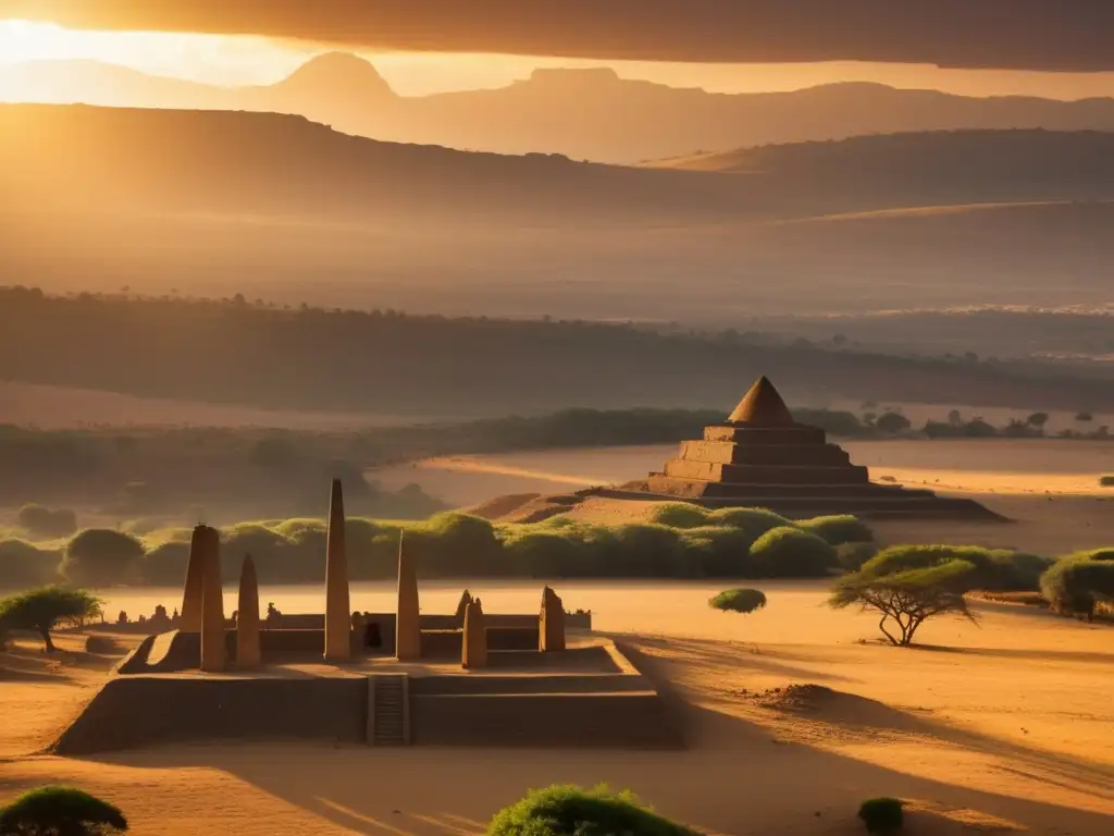 Un atardecer dorado ilumina los obeliscos y paisaje de Aksum, evocando la mística del Reino de Aksum