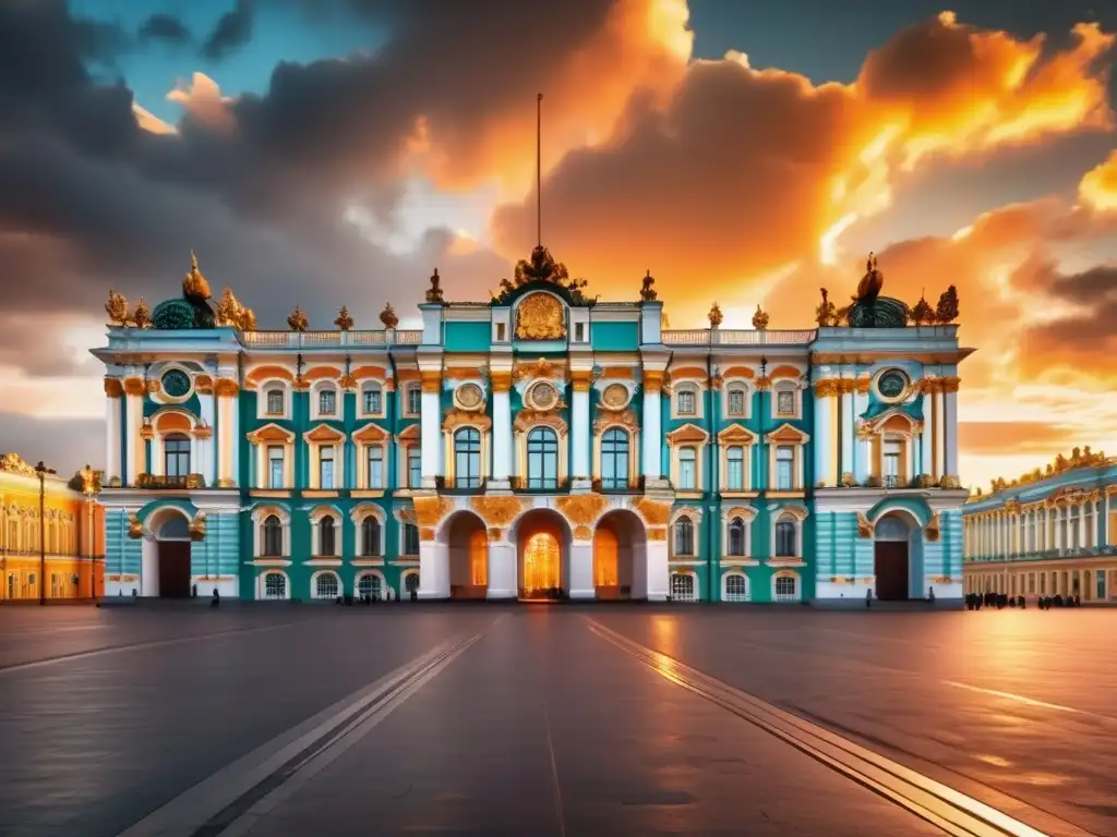 Un atardecer dorado ilumina el opulento Palacio de Invierno en San Petersburgo, donde se vislumbran visitantes y guardias