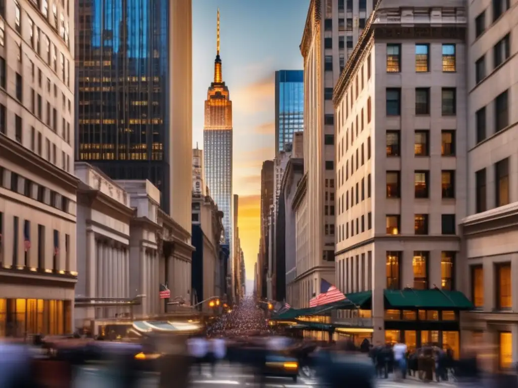 Un atardecer dorado ilumina Wall Street, con rascacielos reflejando la luz