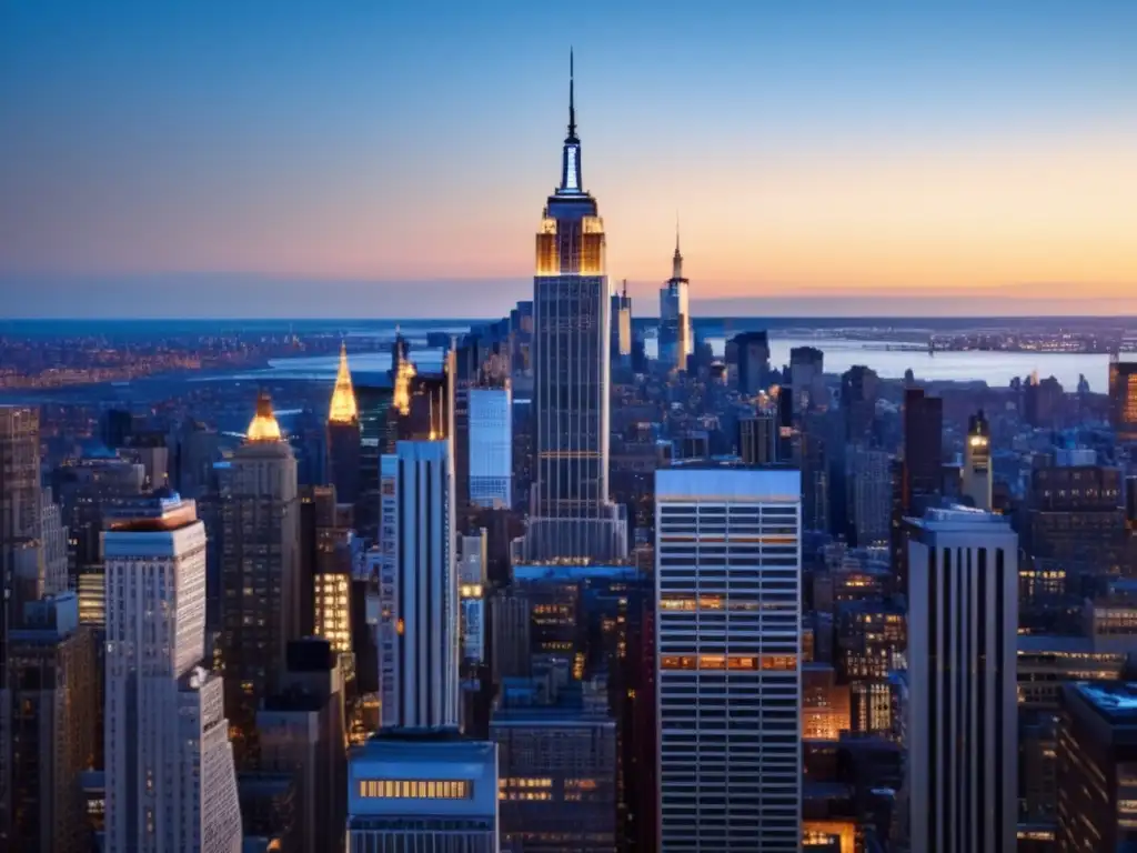Un atardecer dorado ilumina el icónico Empire State Building en Nueva York, rodeado de rascacielos y bulliciosa actividad urbana