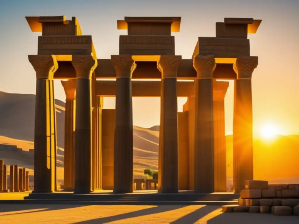 Un atardecer dorado ilumina las ruinas de Persepolis, revelando la grandeza del antiguo Persia y su conexión con Zoroastro y el Zoroastrismo