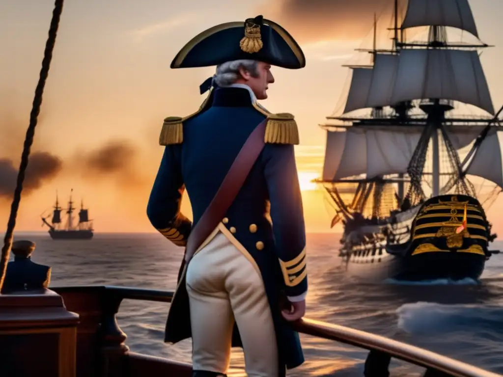 Un atardecer épico en Trafalgar: Horatio Nelson lidera estrategias en HMS Victory