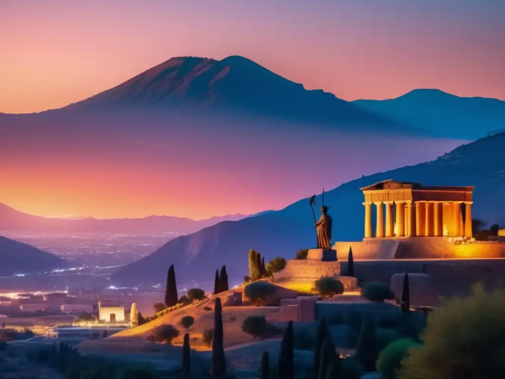 Un atardecer en Esparta, con la imponente estatua guerrera y la arquitectura histórica destacando en el paisaje