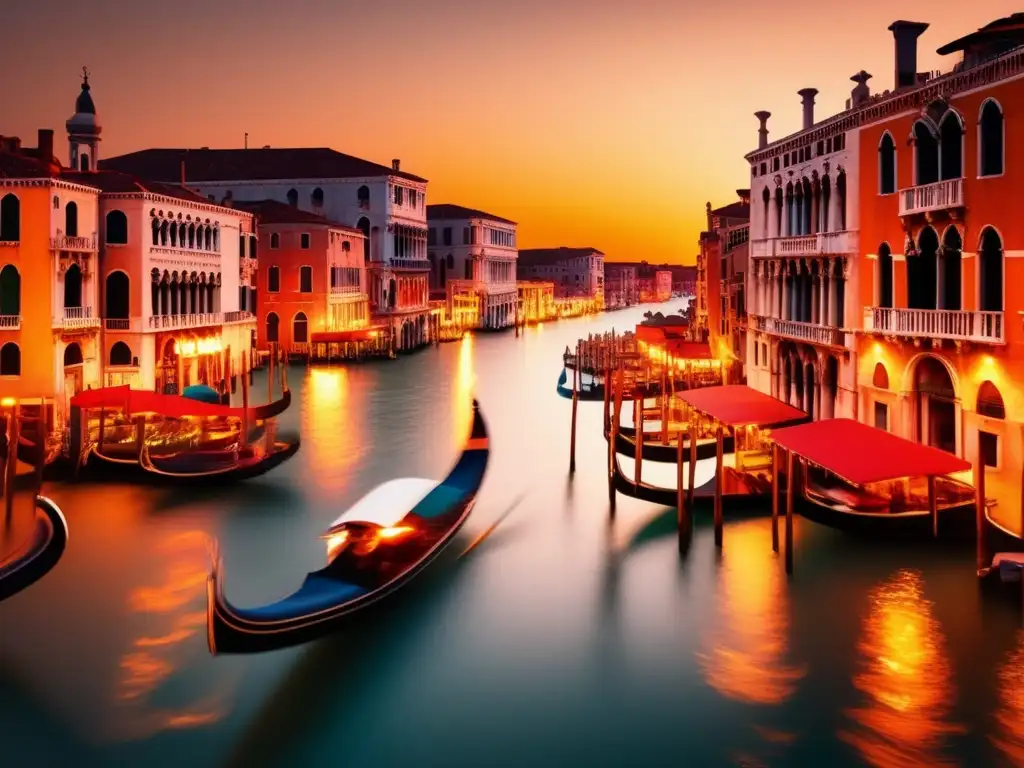 Un atardecer en el Gran Canal de Venecia, con góndolas y edificios históricos